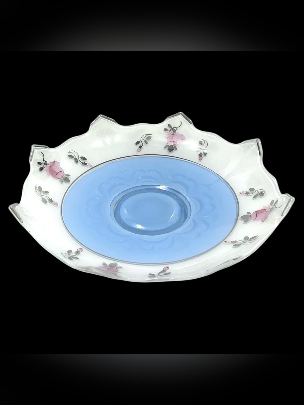 Vintage 1930s Indiana Glass Modern Baby Blue Bowl Pink Roses Platinum Trim